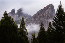 Castle Crags In Northern Shasta County, California, USA On A Stormy Autumn Day As Seen From Castella California.
