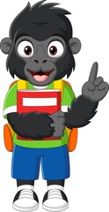 Canvas Print - Cartoon happy gorilla with backpack and book pointing up