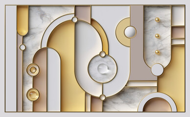 Wall Mural - 3d render, abstract geometric background with pastel curvy shapes, white marble texture and golden l