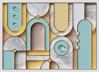 Wall Mural - 3d render, abstract geometric background with blue yellow curvy shapes, glass balls, white marble te
