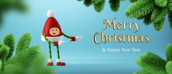 Wall Mural - 3d render. Merry Christmas blue background with cute elf cartoon character. Festive golden text.