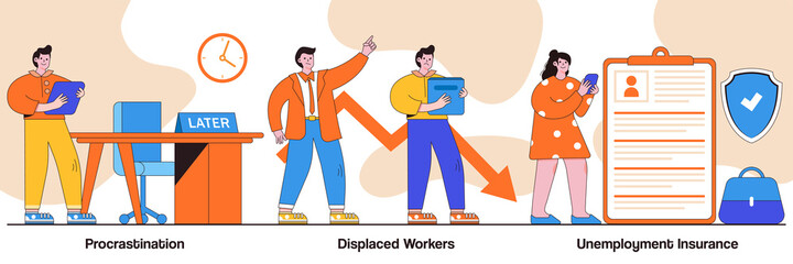 Wall Mural - Procrastination, displaced workers, unemployment insurance concept with tiny people. Business termination vector illustration set. Professional burnout, lost job position, claim form metaphor