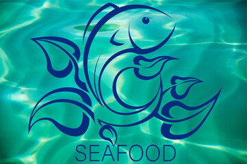 Wall Mural - logo seafood fish in green leaves waves against the background of sea water