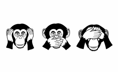 Three Wise Monkeys, Three Mystic Apes chimp isolated on white background. See hear say concept. Vector monochrome totem illustration