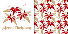Christmas Holiday Season Banner Of Merry Christmas Text And Seamless Pattern Of Christmas Winter Poinsettia Flower Branches Decorative And Snowflakes On White Background. Vector Illustration.