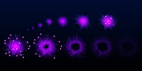 Poster - Game purple fireworks explode effect burst sprites for animation. User interface ui or gui elements for videogame, computer or web design. Salute sparkle explosion frames, Cartoon vector illustration