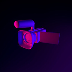 Poster - Neon digital video camera icon. 3d rendering ui ux interface element. Dark glowing symbol.