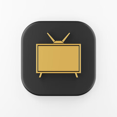 Poster - Golden retro TV icon in flat style. 3d rendering black square key button, interface ui ux element.