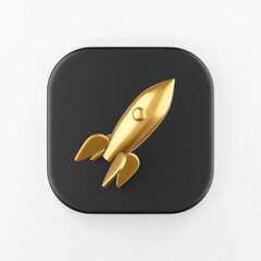 Poster - Golden rocket icon. 3d rendering black square key button, interface ui ux element.