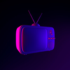 Poster - Neon vintage TV icon. 3d rendering ui ux interface element. Dark glowing symbol.