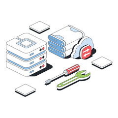 Poster - Cloud server, database, data warehouse, tools wrench screwdriver. Vector 3d sketch line isometric style, color icon illustration. Creative design idea and infographics elements.