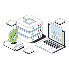Poster - Database, server storage, tools wrench screwdriver, gears, cloud technology. Vector 3d sketch line isometric style, color icon illustration. Creative design idea and infographics elements.