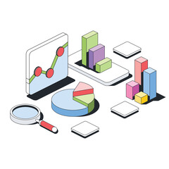 charts and charts, investments and analytics, magnifier search. vector 3d sketch line isometric styl