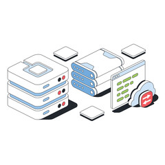 Poster - Database storage server, text box, cloud technology. Vector 3d sketch line isometric style, color icon illustration. Creative design idea and infographics elements.