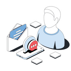 Poster - Email letter messenger chat bubble, account user. Vector 3d sketch line isometric style, color icon illustration. Creative design idea and infographics elements.