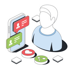Poster - Messenger, chat bubble, user account. Vector 3d sketch line isometric style, color icon illustration. Creative design idea and infographics elements.