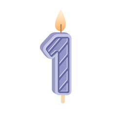 Birthday candle of number 1 for 1st year anniversary. Glowing figure-shaped wax candlelight with flame for party cake for age one. Flat vector illustration isolated on white background