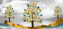 3d Illustration Wallpaper Landscape Art.
Brown Trees With Golden Flowers  And Turquoise Mountains In Light Gray Background With White Clouds