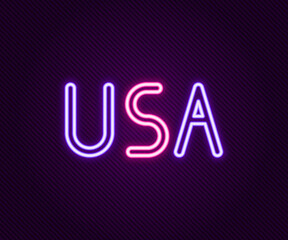 Sticker - Glowing neon line USA label icon isolated on black background. United States of America. Colorful outline concept. Vector