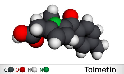 Sticker - Tolmetin molecule. It is monocarboxylic acid, nonsteroidal anti-inflammatory drug NSAID. Molecular model. 3D rendering