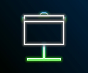 Sticker - Glowing neon line Projection screen icon isolated on black background. Business presentation visual content like slides, infographics and video. Colorful outline concept. Vector