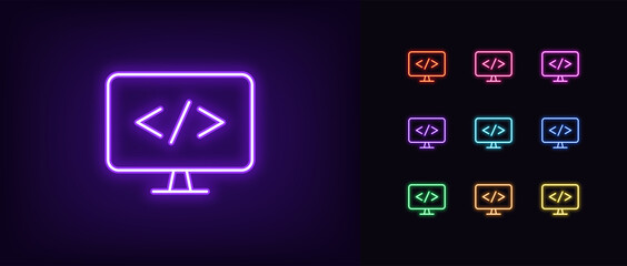 Wall Mural - Programming icon in outline neon. Glowing neon computer with code sign, web development pictogram. Software and app development, programming language. Vector icon set, vivid sign, symbol for UI