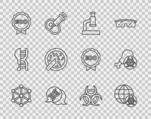 Set line GMO, Microscope, DNA symbol, Label for eco healthy food, Petri dish with bacteria, Biohazard and Gmo research chicken icon. Vector