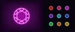 © Дмитрий Майер - Outline neon poker chip icon. Glowing neon poker chip, gaming token pictogram in vivid colors. Online casino, poker game, playing chip, lucky bet. Vector icon set, sign, symbol for UI