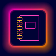 Poster - Glowing neon line Notebook icon isolated on black background. Spiral notepad icon. School notebook. Writing pad. Diary for school. Colorful outline concept. Vector