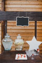 Boho and rustic wedding buffet bar with vintage lemonade. High quality photo