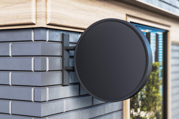 Wall Mural - Empty black round stopper on dark brick building exterior wall. Restaurant advertisement and banner concept. Mock up, 3D Rendering.