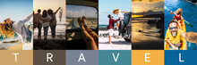 Travel Lifestyle Header Banner Concept. Vertical Collage Of Pictures Men And Women Enjoying Summer Holidays In Outdoors. Traveler Life Of Happy People At Beach And Sea