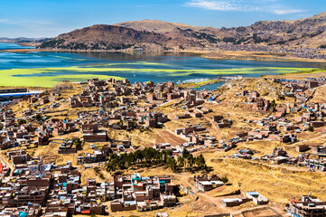 Sticker - View of Puno with Lake Titicaca in Peru, South America