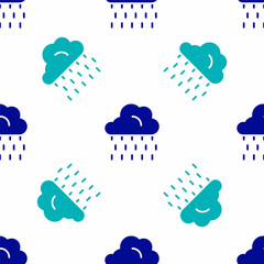 Sticker - Blue Cloud with rain icon isolated seamless pattern on white background. Rain cloud precipitation with rain drops. Vector