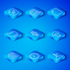 Poster - Set line File document, Wrist watch, Clock, Cloud database, Document folder, Note paper with push button and Mountains flag top icon. Vector