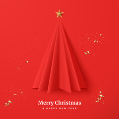 Merry Christmas and Happy New Year minimalistic greeting card. Decorative Christmas tree folded of paper with a gold star on top. 3d style. Winter holidays poster design. Vector illustration.