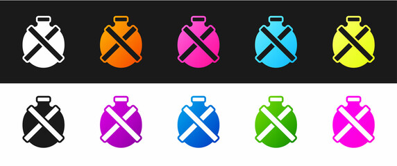 Canvas Print - Set Canteen water bottle icon isolated on black and white background. Tourist flask icon. Jar of water use in the campaign. Vector