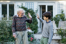 Grandfather Giving High-five To Grandson In Backyard