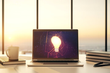 Aufkleber - Modern computer monitor with creative light bulb hologram, research and development concept. 3D Rendering