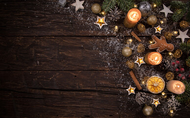 Wall Mural - christmas decoration on wooden background, lots of copy space for product or text.