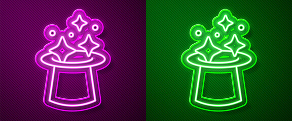 Canvas Print - Glowing neon line Magic hat icon isolated on purple and green background. Magic trick. Mystery entertainment concept. Vector