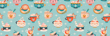 Christmas Seamless Pattern With Xmas Coffee Cups. Vector Winter Elements Design In Hand Drawn Style For Textile, Fabric, Paper, Scrapbook, Packaging And Other Prints. Happy New Year.