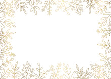Floral Decoration Frame, Golden Line-drawing On White Background