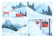 Winter ski resort landscape set. Ski and snowboarding paths with ski