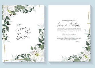 Wall Mural - Vector floral template for wedding invitation. White royal lilies, eucalyptus, green plants and leaves. Gold polygonal frame.