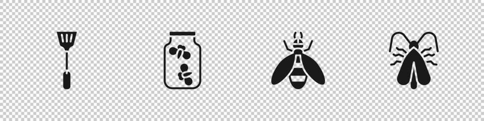 Wall Mural - Set Fly swatter, Fireflies bugs in jar, Bee and Clothes moth icon. Vector