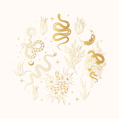 Wall Mural - Hand drawn gold сelestial floral snakes frame. Golden mystical print with serpents and branches for  t-shirt design, fabric, cards and covers.