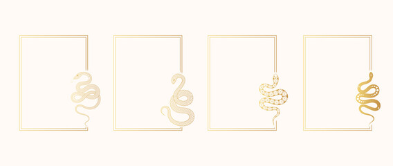 Gold mystical borders for witchcraft greeting cards and invitations. Golden rectangular frames with a wriggling snakes collection. 