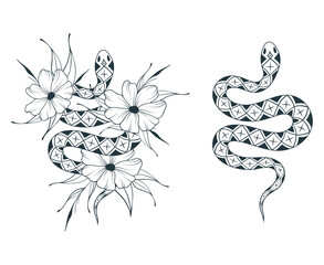 Wall Mural - Mystical prints for t-shirt, fabric, cover and banner design. Hand drawn set of three vector illustrations with snakes wrap around bouquets, flowers, roses and water lily. 