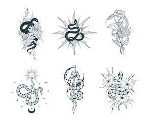 Hand drawn celestial floral snakes prints. Mystical collection for tattoo,  t-shirt design, fabric and coloring pages.